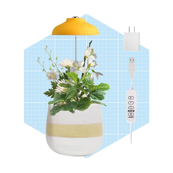 A decorative lamp with a yellow shade sits atop a flower-filled pot, accompanied by a power cord and a control unit against a blue grid background.