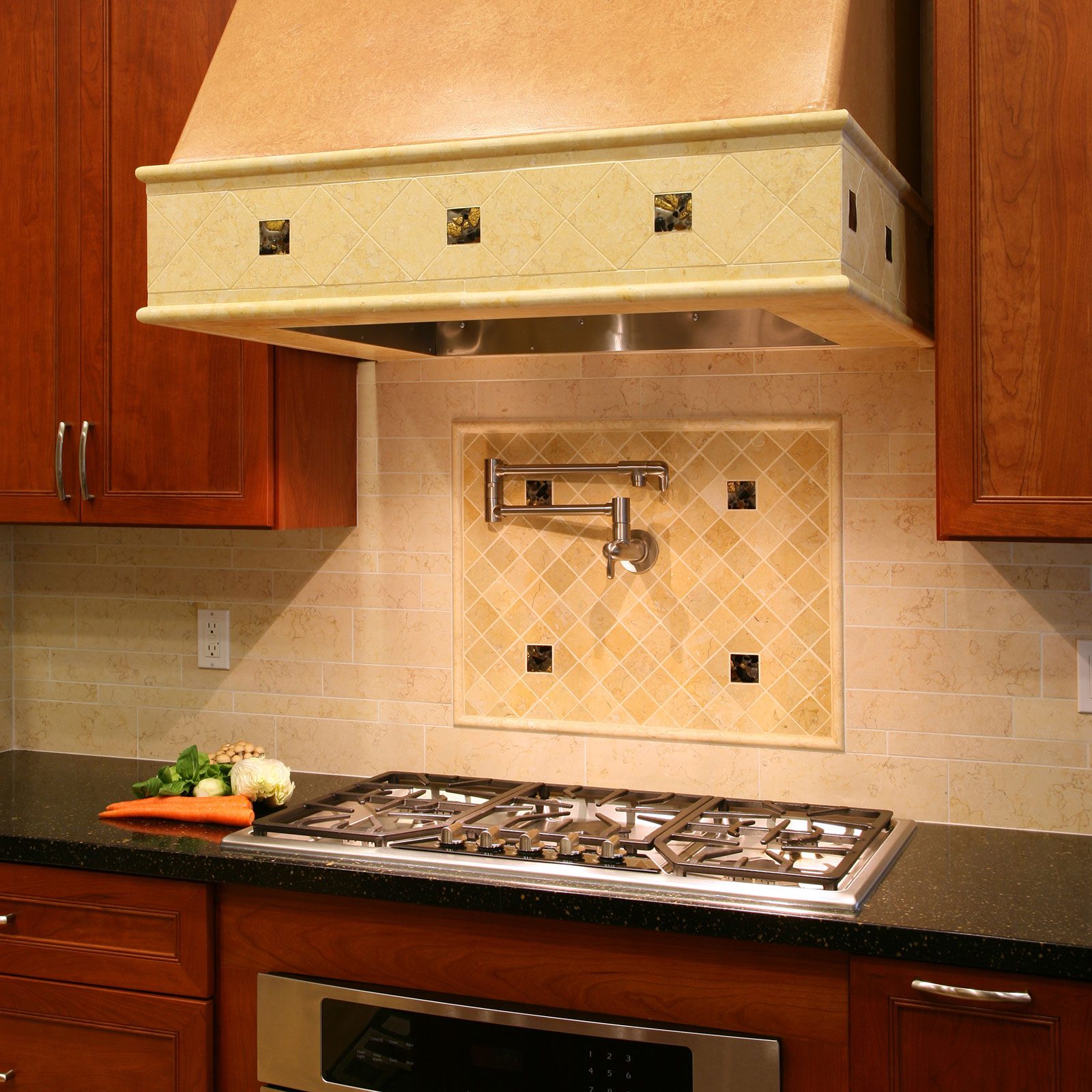 Limestone Backsplash and wood cabinets in a home kitchen interior