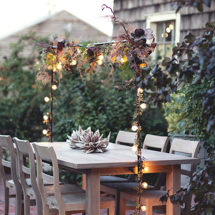 A wooden dining table with decorative lights and an arrangement of plants sits in a garden surrounded by greenery, creating an inviting outdoor setting.