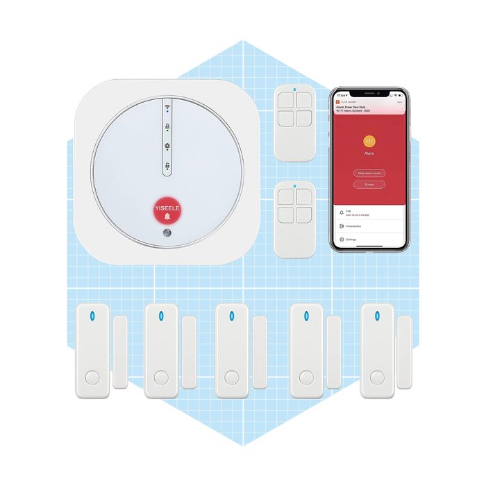 A home security system with a central control unit, several sensors, and a smartphone displaying an app interface, arranged on a light blue grid background.