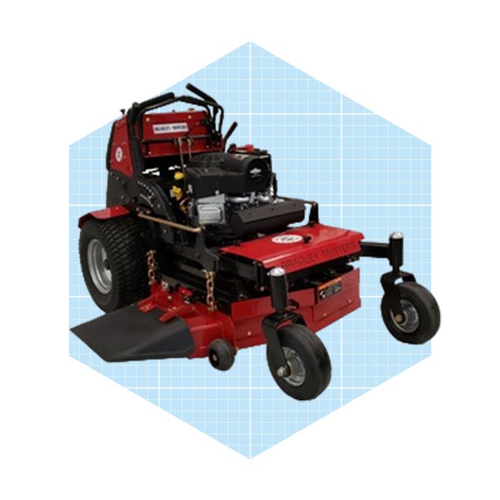 A red riding mower is positioned centrally, with its engine exposed, on a light blue grid background, designed for landscape maintenance.