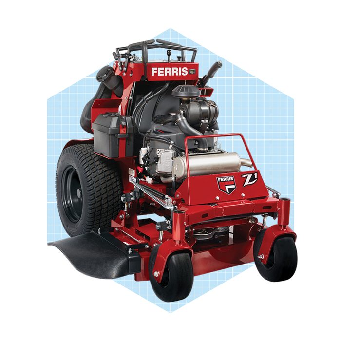 A red lawn mower stands prominently, designed for efficient grass cutting, depicted against a light blue geometric background.