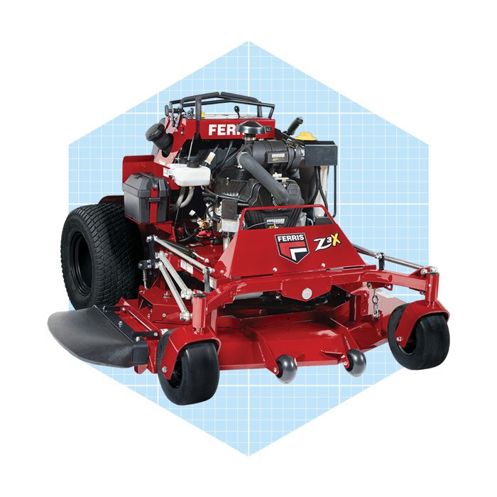 A red zero-turn lawn mower is positioned prominently, showcasing its engine and cutting deck against a light blue patterned background.