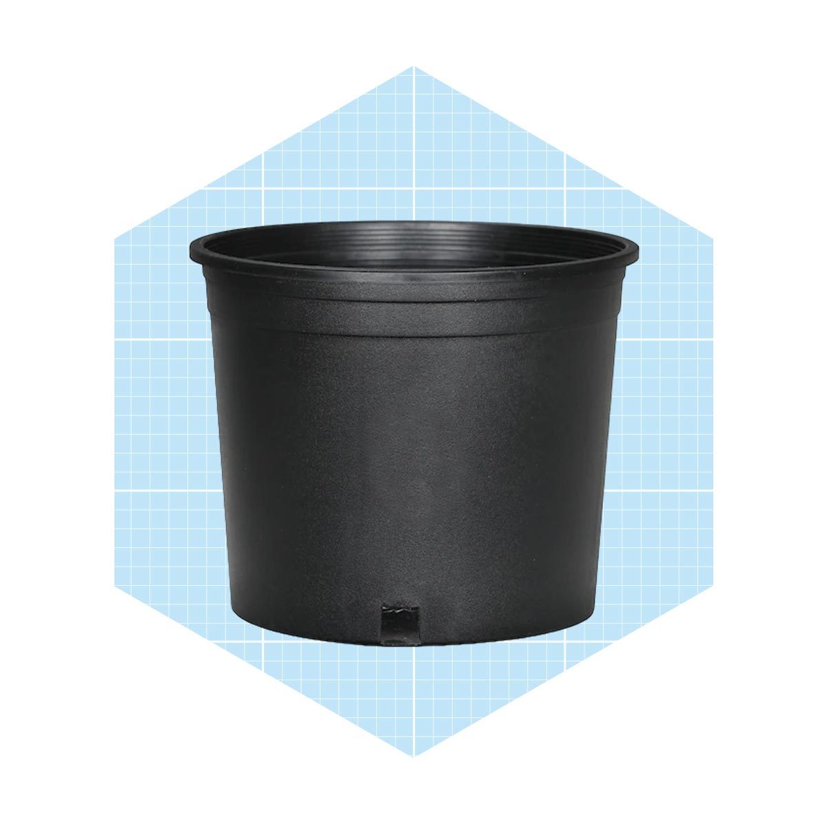 A black plastic plant pot stands upright against a light blue grid background, designed for holding soil and plants.