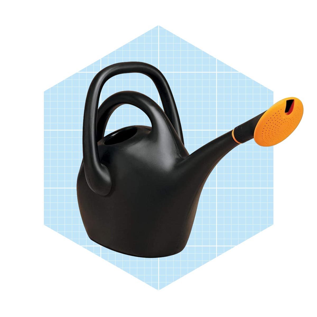 A black watering can with two handles and an orange spout stands posed against a light blue grid background.