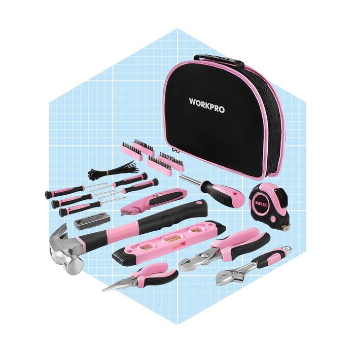 A pink and black tool kit displays various hand tools, including a hammer, pliers, and screwdrivers, arranged neatly against a light blue grid background.