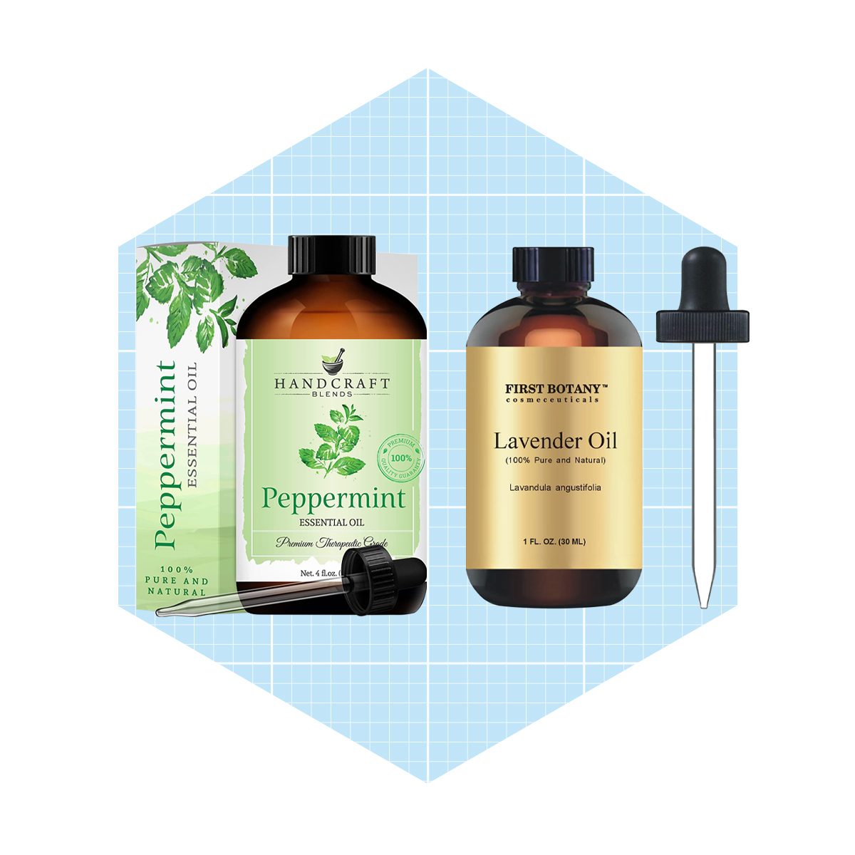 Two bottles of essential oils—peppermint and lavender—are displayed against a light blue grid background. Each bottle features labeling and a dropper.