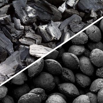 Chunks of charcoal and round briquettes are displayed, showcasing different forms of charcoal used for grilling or heating in a split view format.