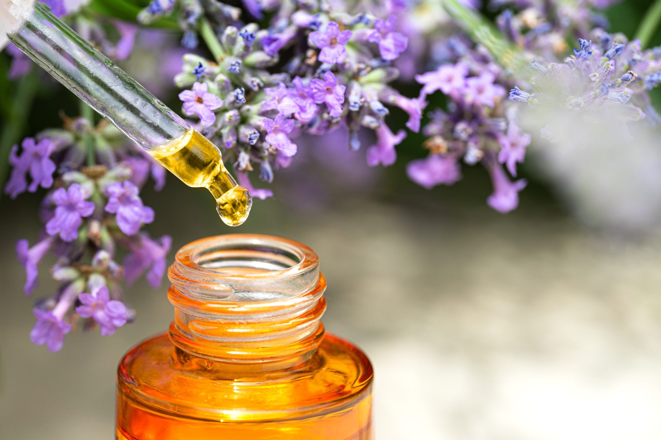 A dropper hovers above a glass bottle, releasing yellow oil, surrounded by vibrant purple lavender flowers in a natural outdoor setting.