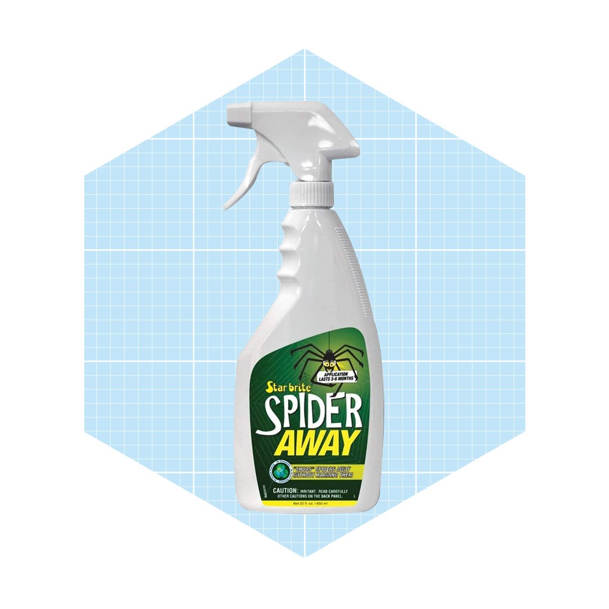 A spray bottle labeled "SPIDER AWAY" sits against a light blue grid background, designed for repelling spiders in household environments.