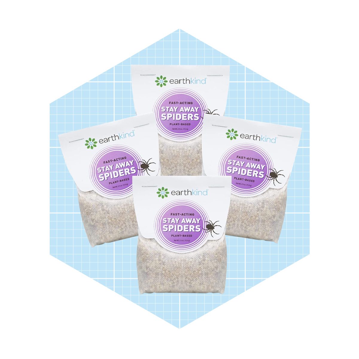 Four bags of spider repellent sit together on a light blue grid background, each labeled "Fast-Acting Stay Away Spiders" and marked as plant-based.