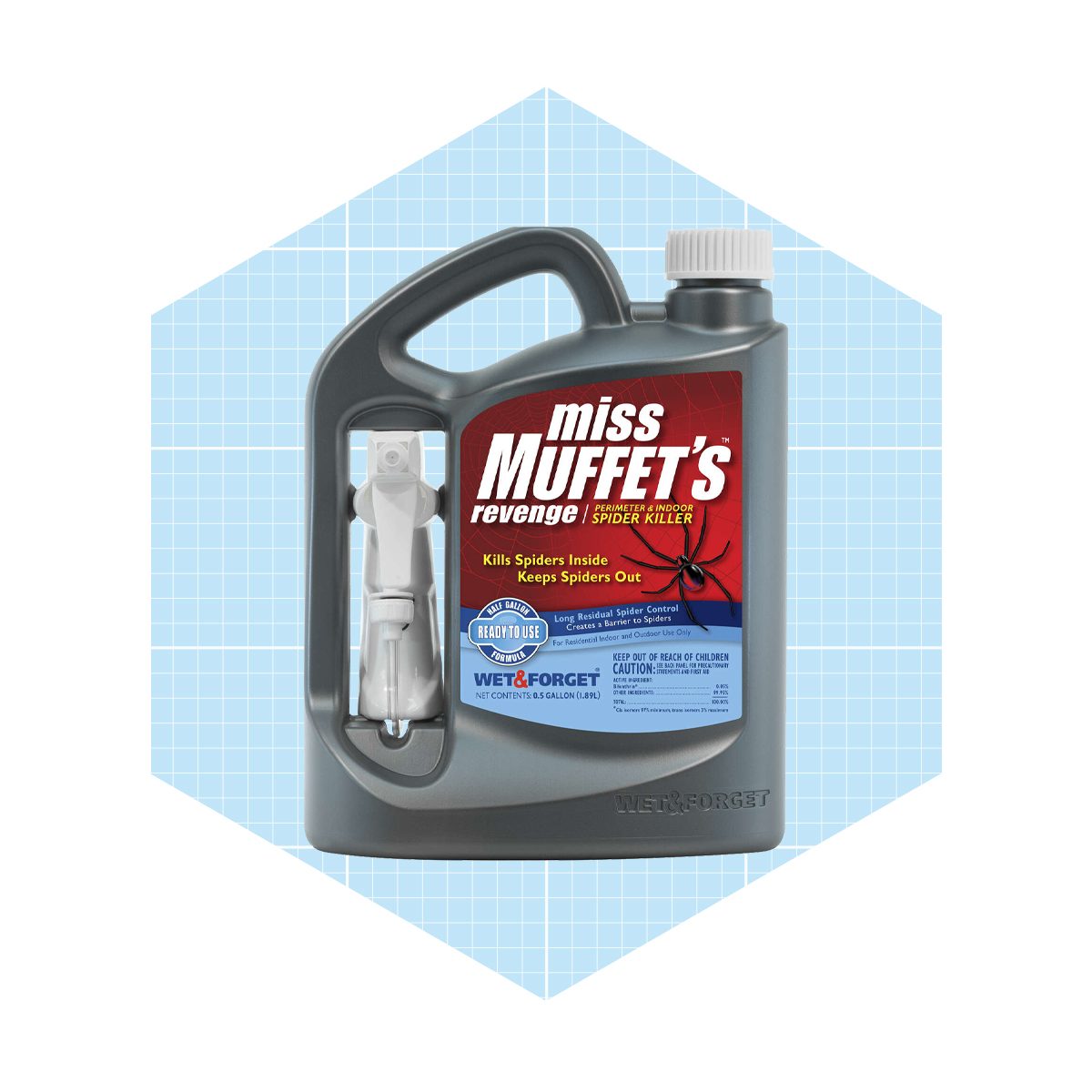 A gray spray container labeled "Miss Muffet's Revenge" dispenses spider killer solution, designed for indoor and outdoor use, set against a light blue background.