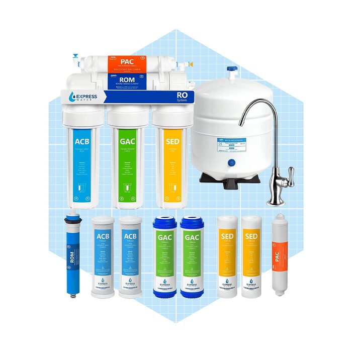 A system of water filtration components is displayed, including several blue and colored cartridges, a white tank, and a metallic faucet, set against a light blue background.
