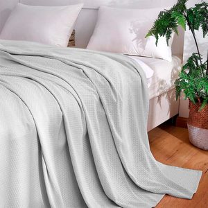 A gray blanket drapes over the edge of a bed, with two pillows behind it, alongside a potted fern on a wooden floor.
