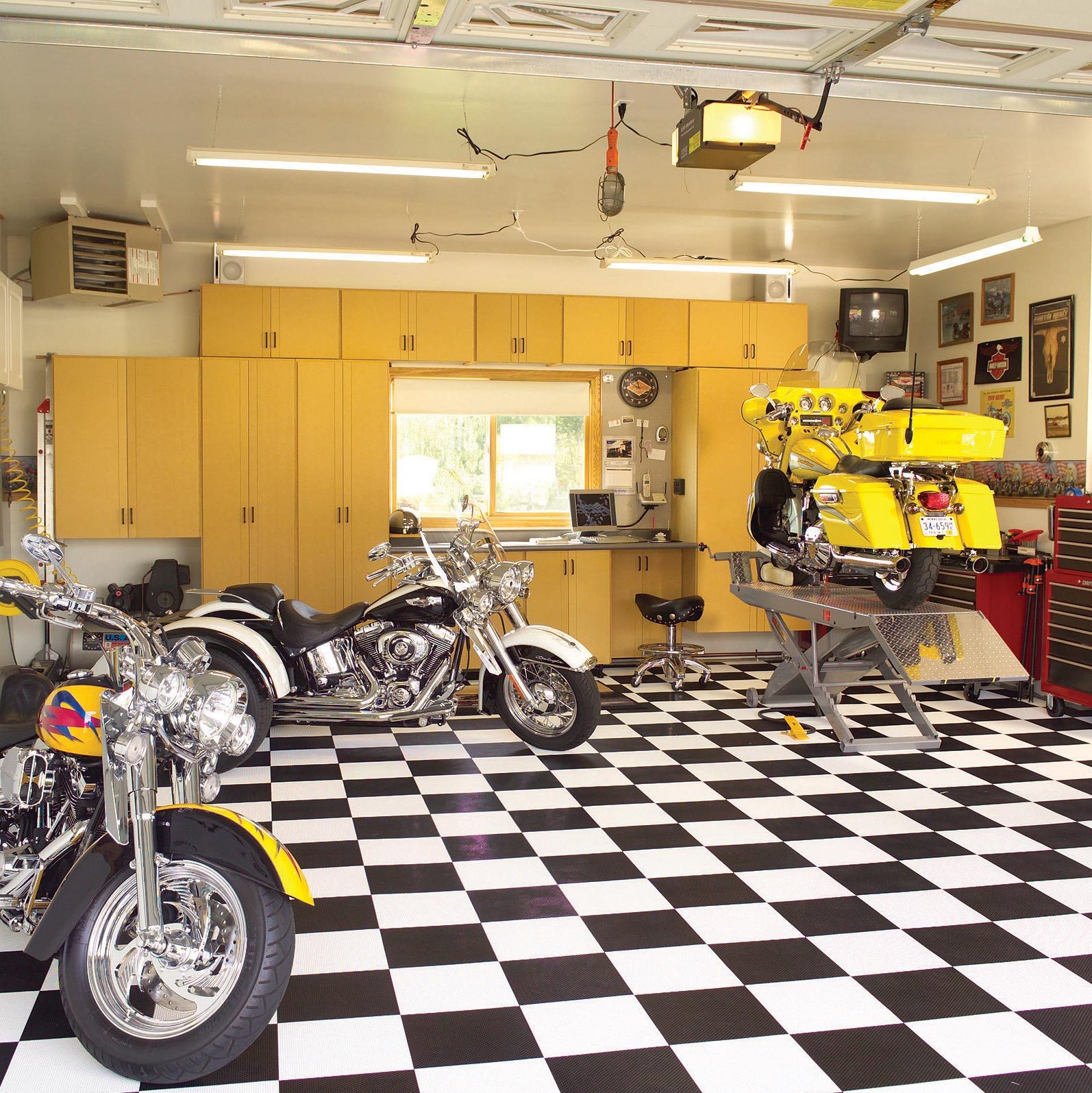 garage with black and white snap together tiles