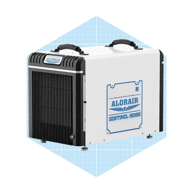 A compact dehumidifier is placed on a light blue grid background, featuring a black front grille, handles, and a label displaying "ALORAIR SENTINEL HDi90."