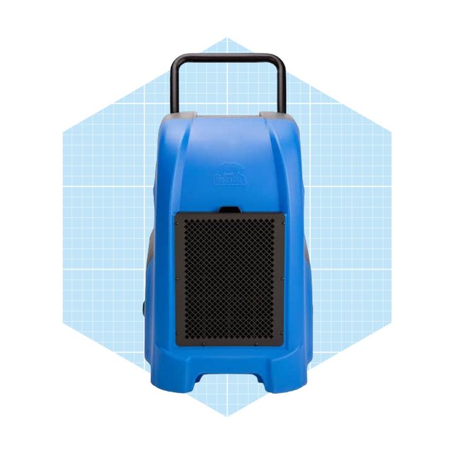 A blue portable cooler stands upright, displaying a vented back and a retractable handle, set against a light blue geometric background.