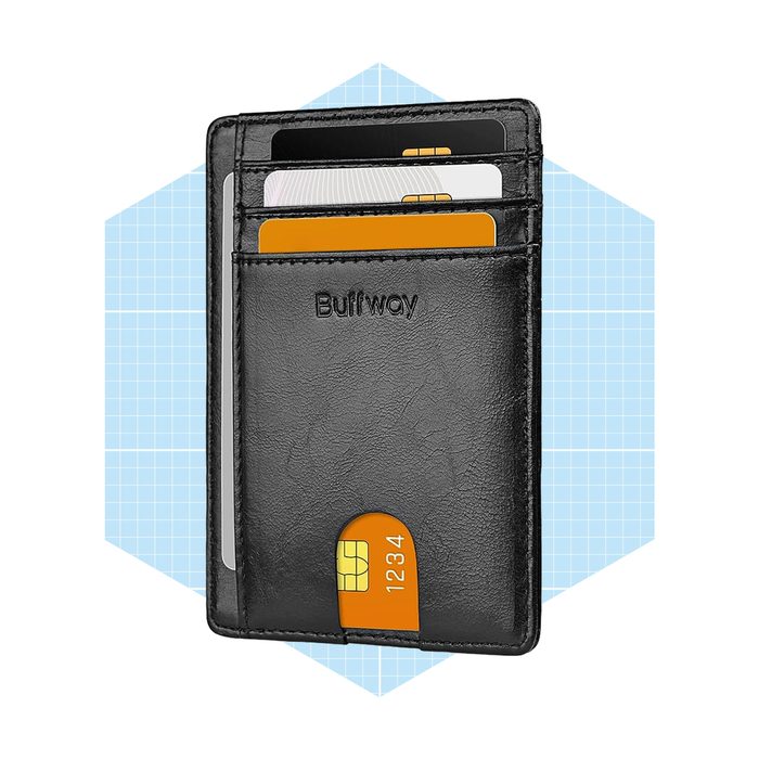 A black wallet displays several cards in its slots, set against a light blue geometric background. The brand name “Buffway” is embossed on the wallet.