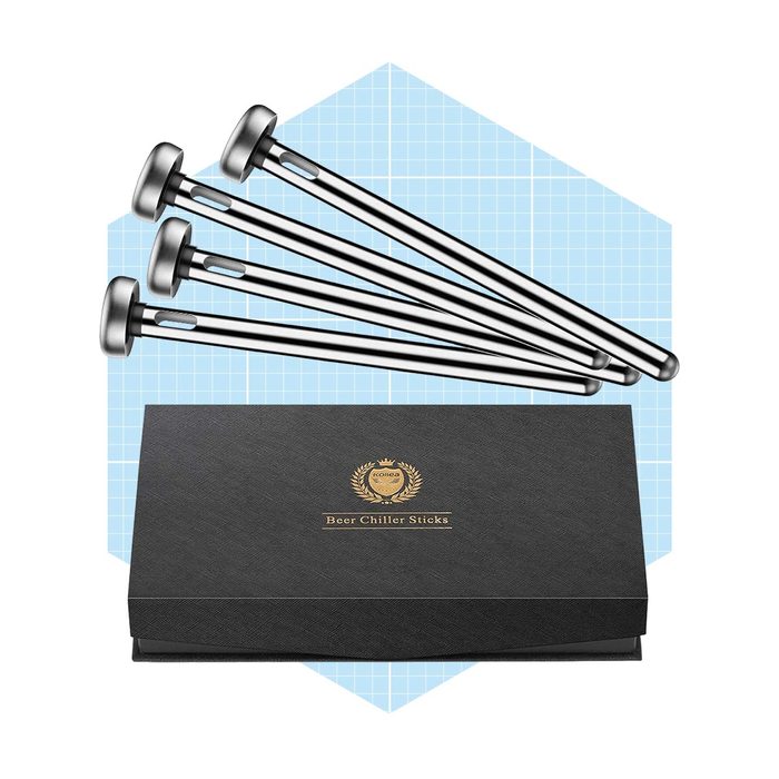 Four stainless steel beer chiller sticks are displayed beside an elegant black box, surrounded by a light blue grid-pattern background.