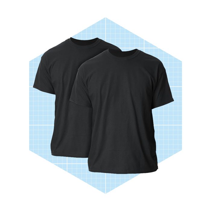 Two black t-shirts are displayed side by side against a light blue grid-patterned background.