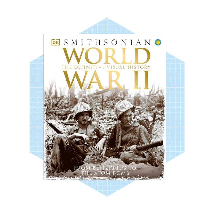 Two soldiers sit amidst war-torn terrain, resting with weapons nearby, while a cover titled "World War II" summarizes the book
