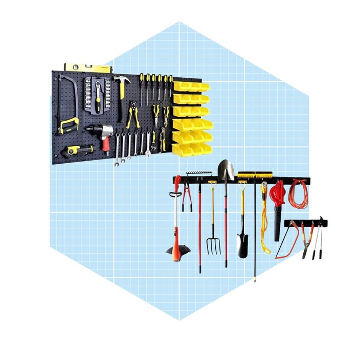 A wall-mounted pegboard displays various tools and yellow bins, while additional gardening tools hang below against a light blue grid background.