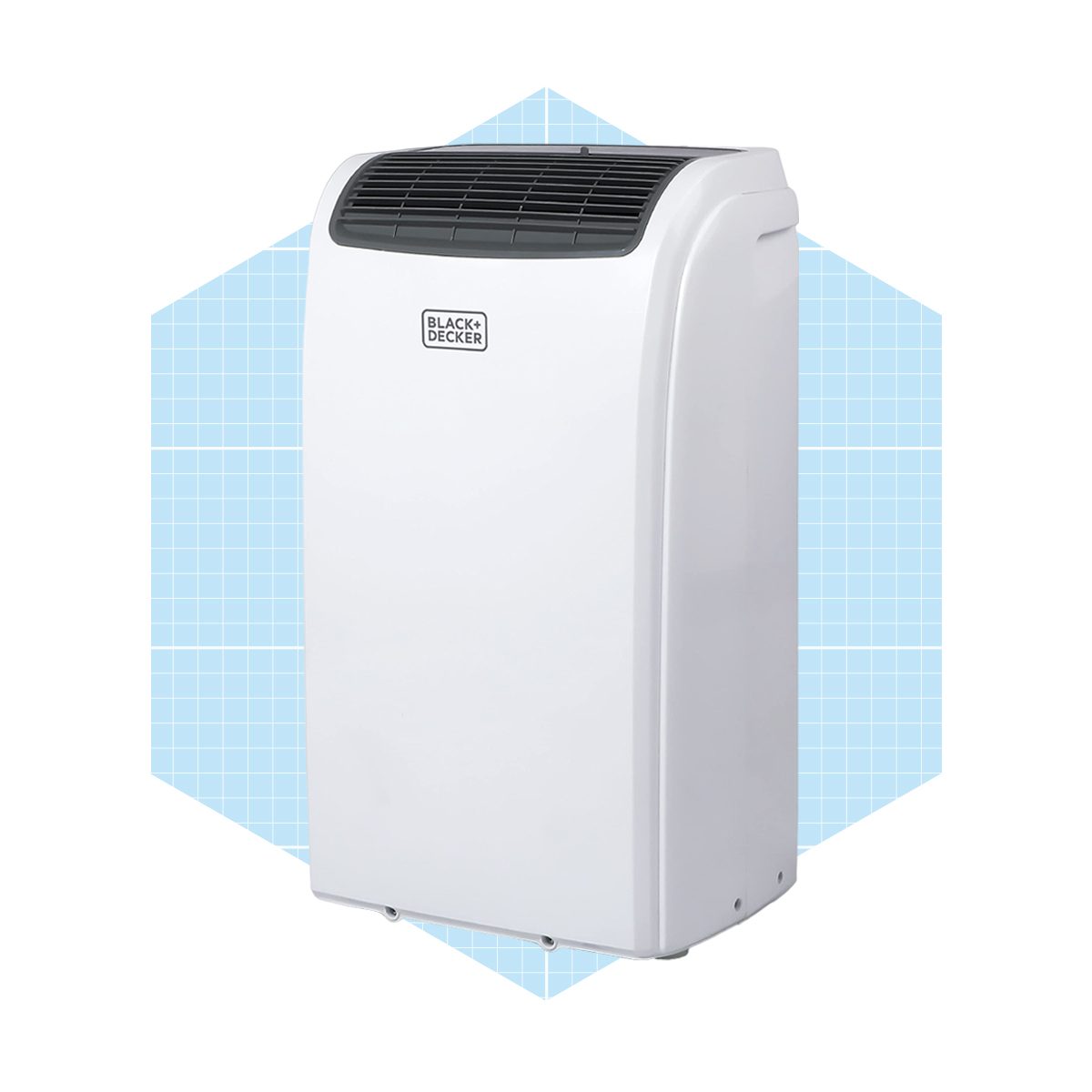 A portable air conditioner stands upright, actively cooling the space, set against a light blue grid-patterned background.