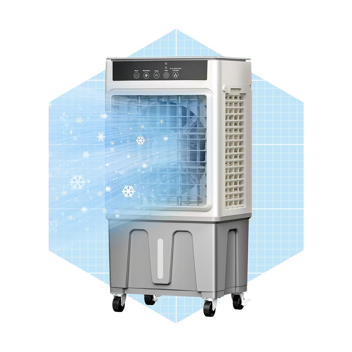 A cooling fan releases cool air, visibly dispersing snowflake patterns, set against a light blue grid background, enhancing the cooling effect.