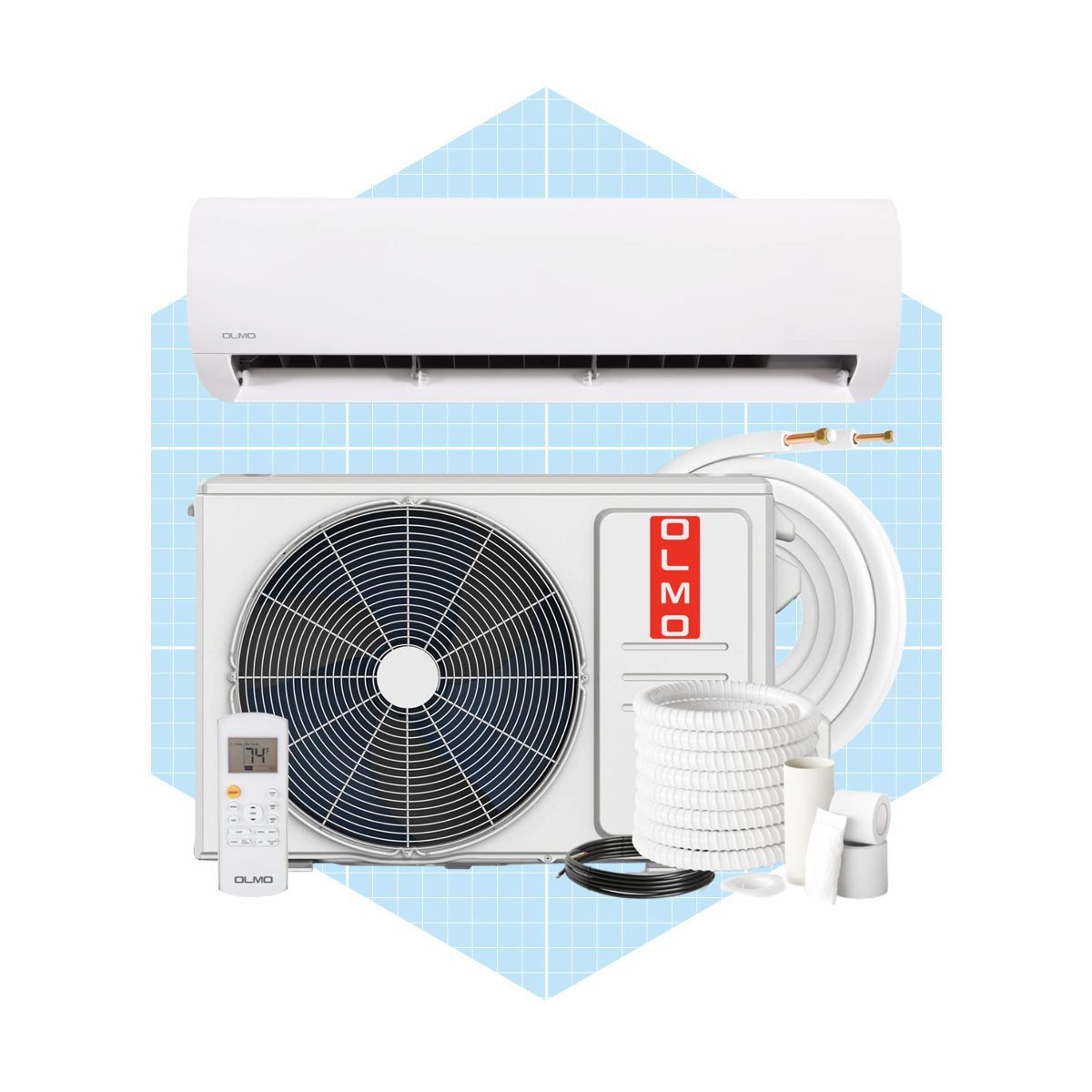 An air conditioning unit consists of an indoor unit mounted above and an outdoor unit below, surrounded by installation materials on a light blue grid background.