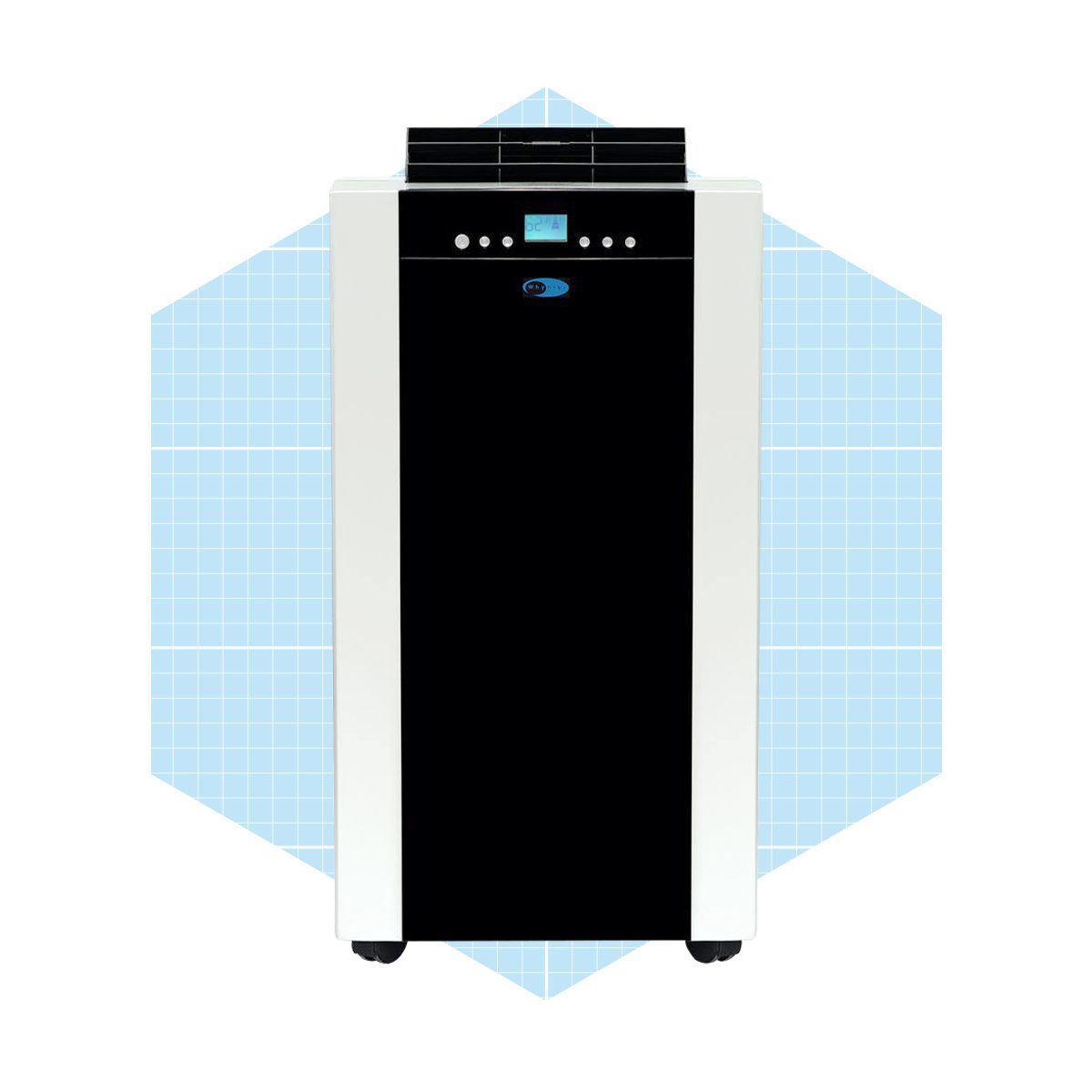 A portable air conditioner stands upright, displaying a digital screen and control buttons, set against a light blue geometric background.