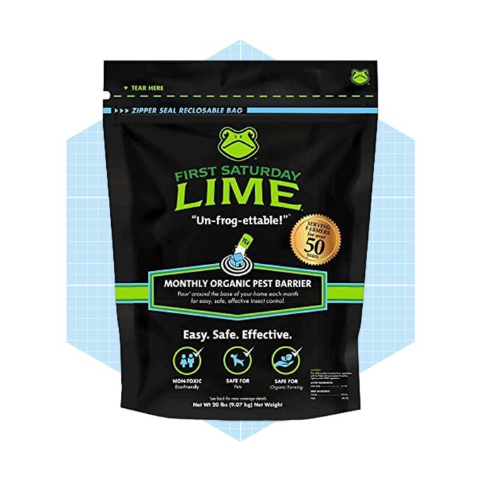 A black bag labeled "First Saturday Lime" contains a monthly organic pest barrier, promoting easy and effective insect control in homes.