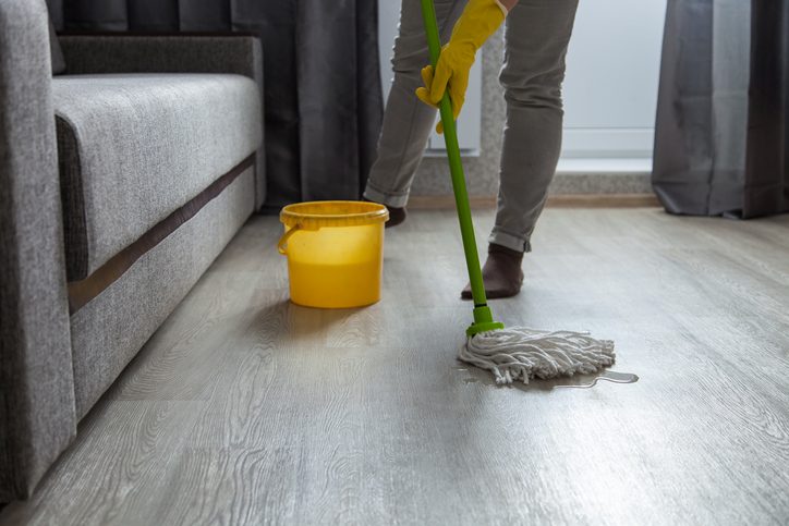 Cleaning Hardwood Floors with a Bucket and Mop for a House Cleaning Concept