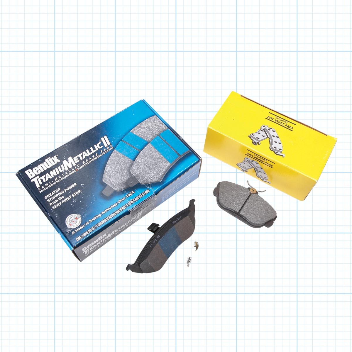 Generic and premium brake pads on FHM ocean screen grid background