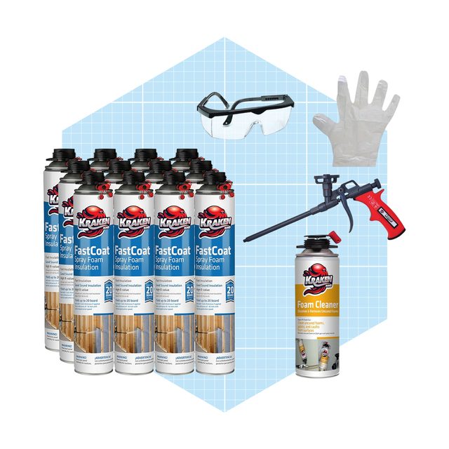 A collection of spray foam insulation cans, a foam cleaner, safety goggles, gloves, and a dispensing tool are arranged on a light blue grid background.
