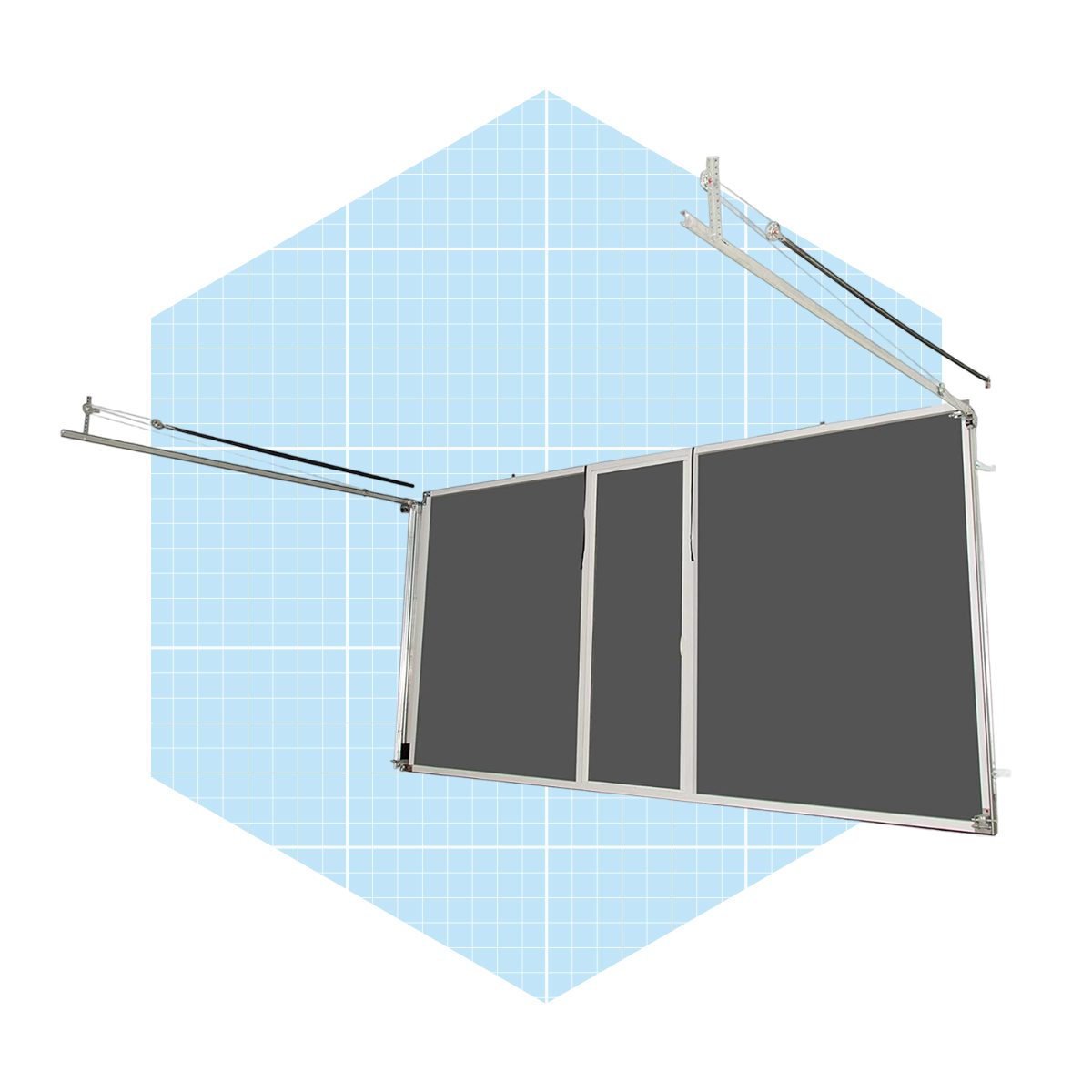 A sliding door screen is suspended and partially opened, set against a light blue grid-patterned background. It features a metallic frame with dark mesh panels.