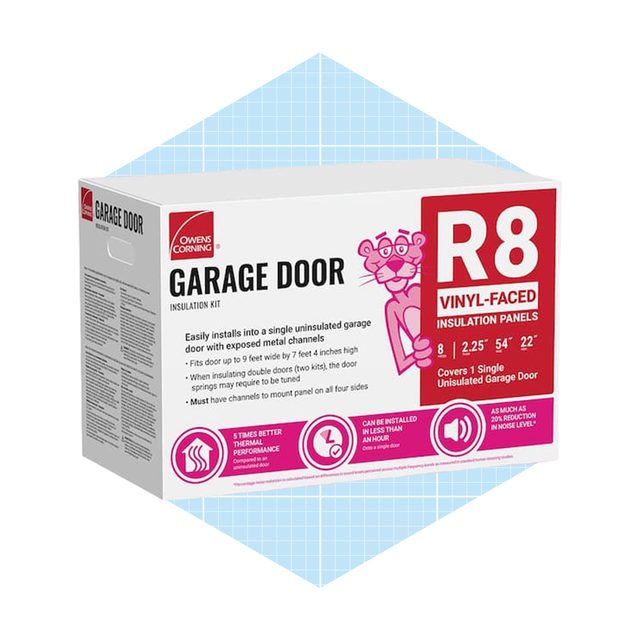 A box of garage door insulation panels rests on a light blue patterned background, depicting product details and installation instructions for uninsulated garage doors.