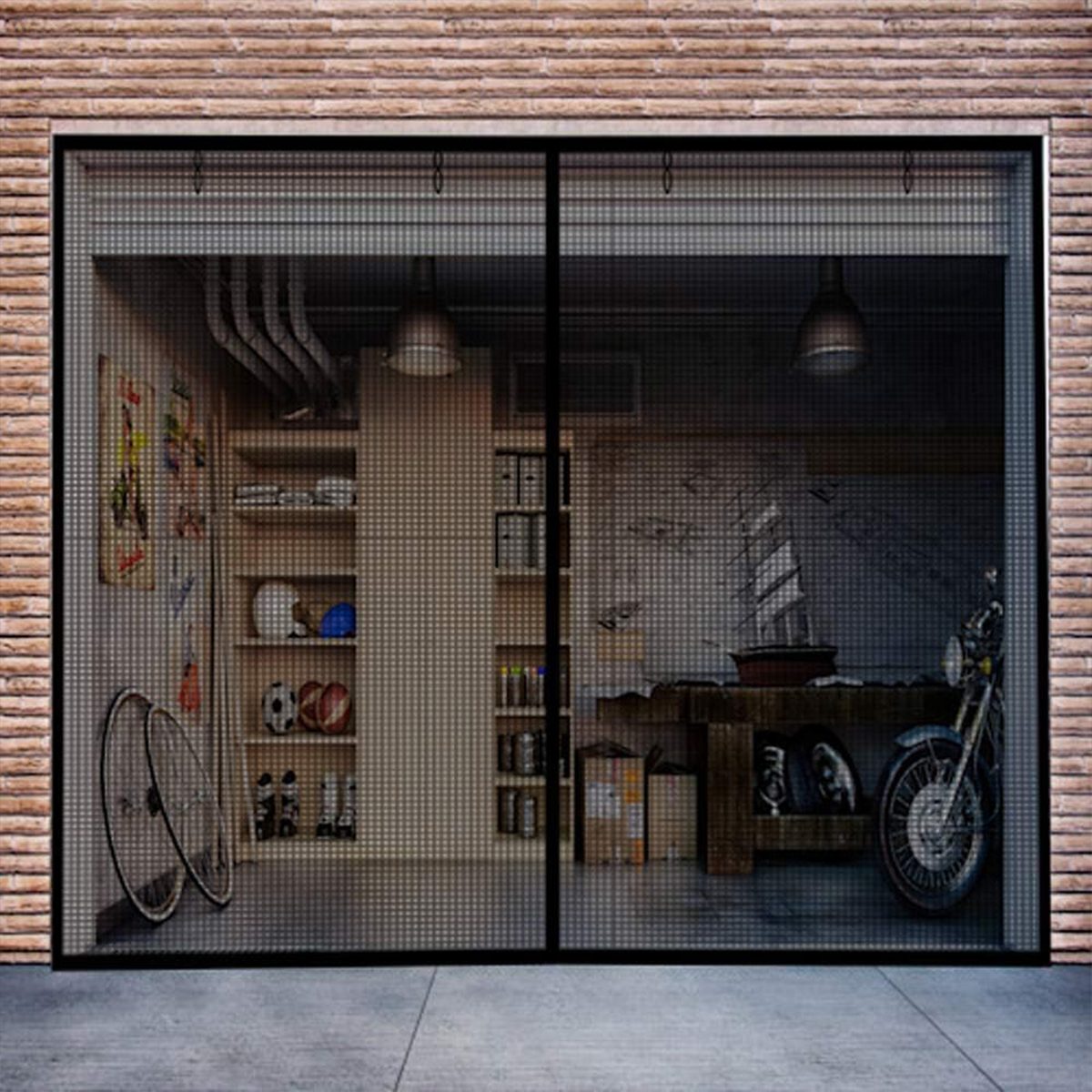 A mesh door reveals an organized garage-like space with shelves, sports equipment, and a motorcycle, illuminated by pendant lights in a brick environment.