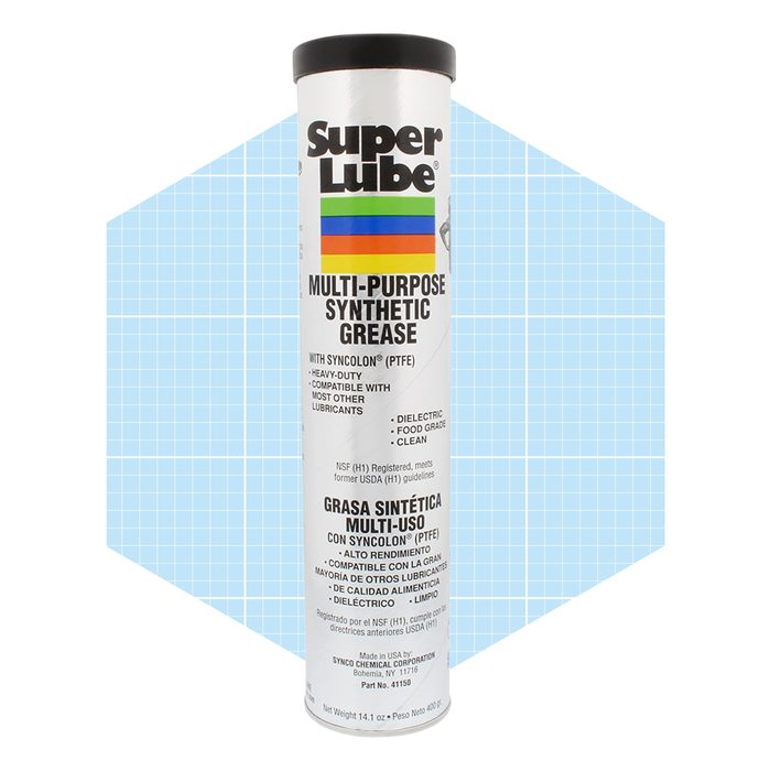 A cylindrical container of Super Lube synthetic grease stands upright, labeled for heavy-duty use, against a light blue grid background.