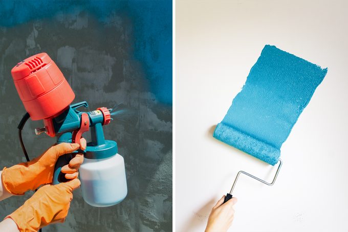 side by side comparison of a paint sprayer spaying teal paint onto a concrete wall and a paint roller painting teal paint onto a white wall