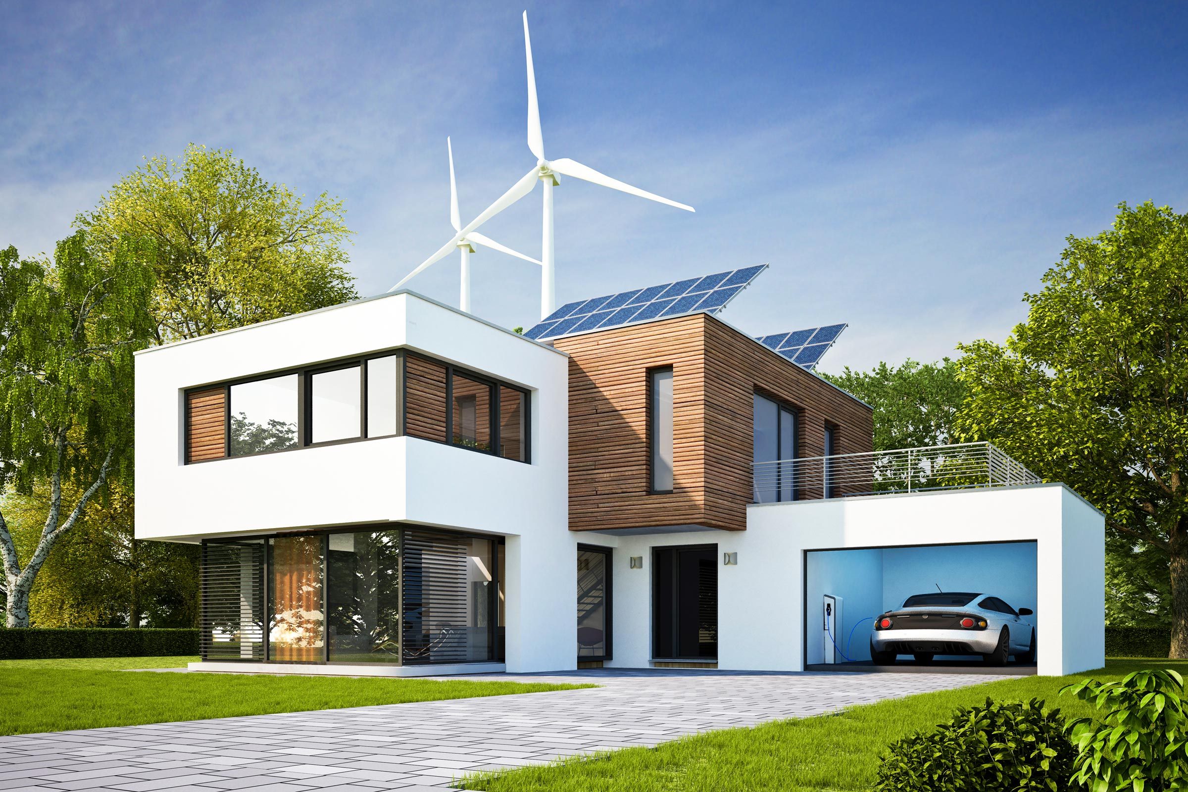Modern cubic house with solar panels and wind turbines in the background