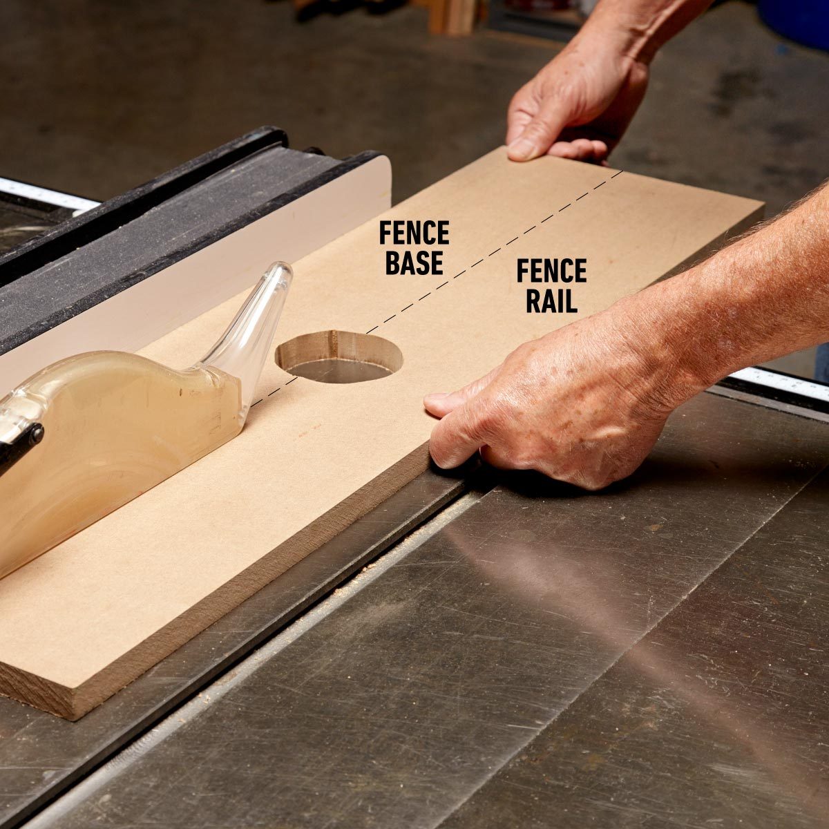 A man is using a table saw to cut a piece of wood into two fences on a table saw.
