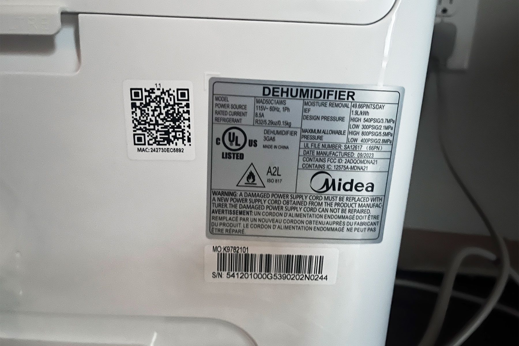 Detail stickers on dehumidifier