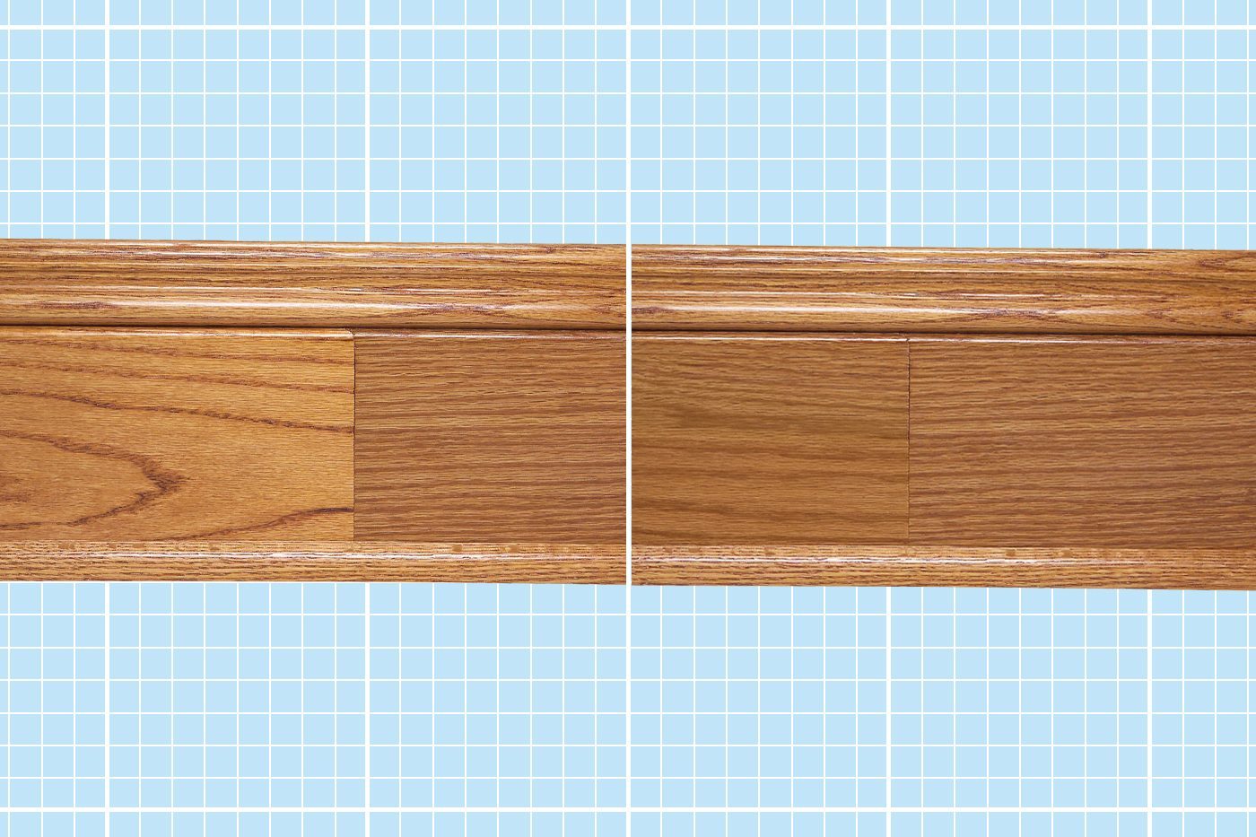 Comparison image of two types of wooden floor molding against a blue grid background. The left side showcases a lighter, more natural wood finish with visible grain patterns, while the right side displays a darker, smoother finish with less visible grain.