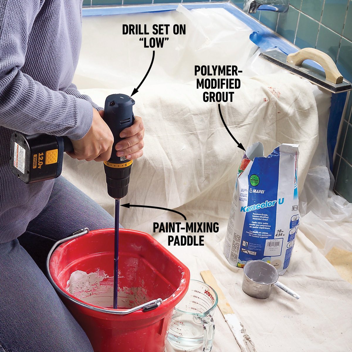 Slice out caulk and scratch out grout