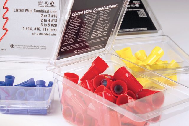 Three different kinds of wire nuts in transparent boxes.