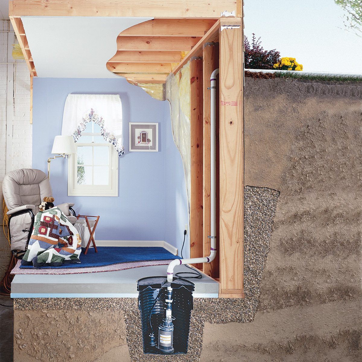 A cutaway view of a basement shows a furnished room with a window, chair, and lamp. Visible are wooden beams, insulation, and a sump pump system installed beneath the floor, leading outside to the ground surface.