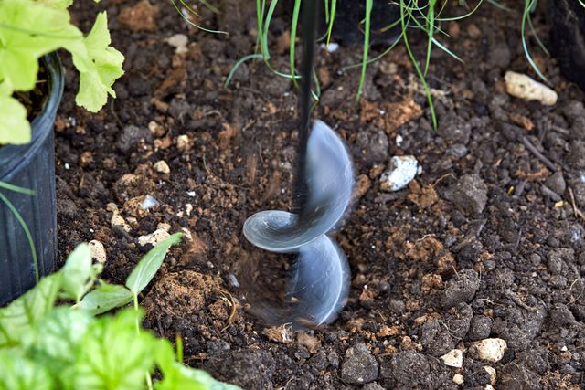 hole for plant being dug with garden auger attachment
