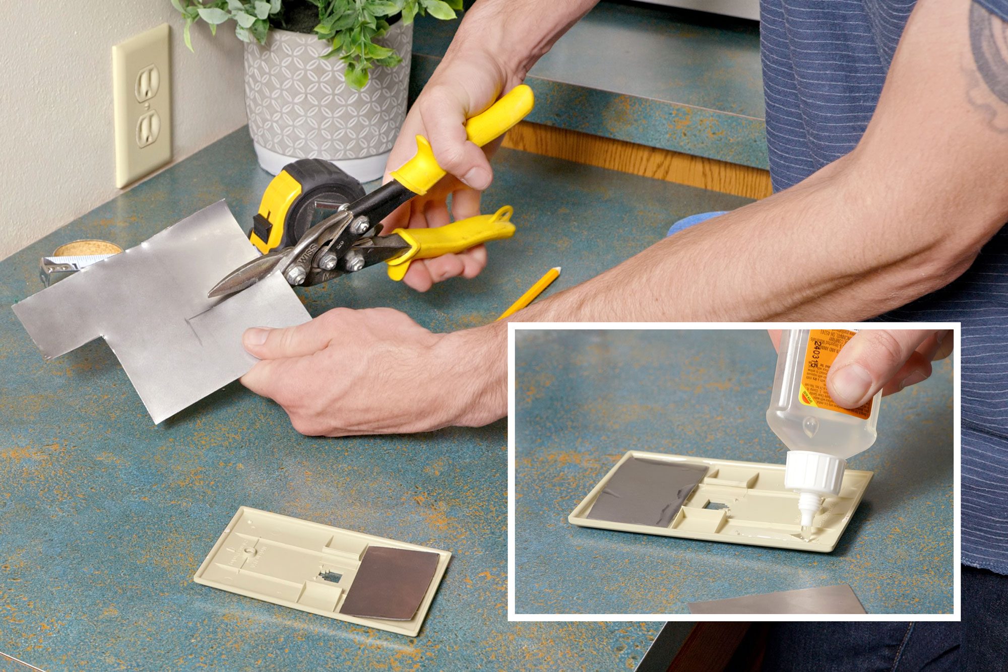 a person using a pair of yellow and black handled pliers to cut a gray metal object, The person is standing next to a countertop with a blue surface, On the countertop, there is an electrical outlet with an open cover plate, there is a green potted plant on the counter; a person’s hand holding a bottle of glue, applying it to a beige-colored object that looks like an electrical switch plate without the switch, The switch plate is placed on a blue speckled countertop, and there is a piece of gray material, possibly metal or plastic, lying next to it, In the background, there are objects that seem to be tools;