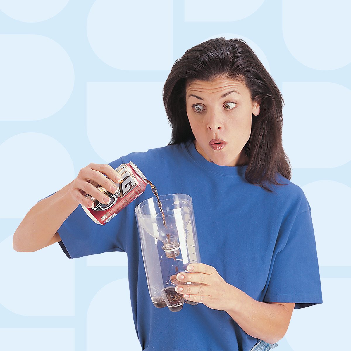 A person in a blue shirt pours soda from a can into a transparent glass. They have an expression of surprise. The background is light blue with white shapes.