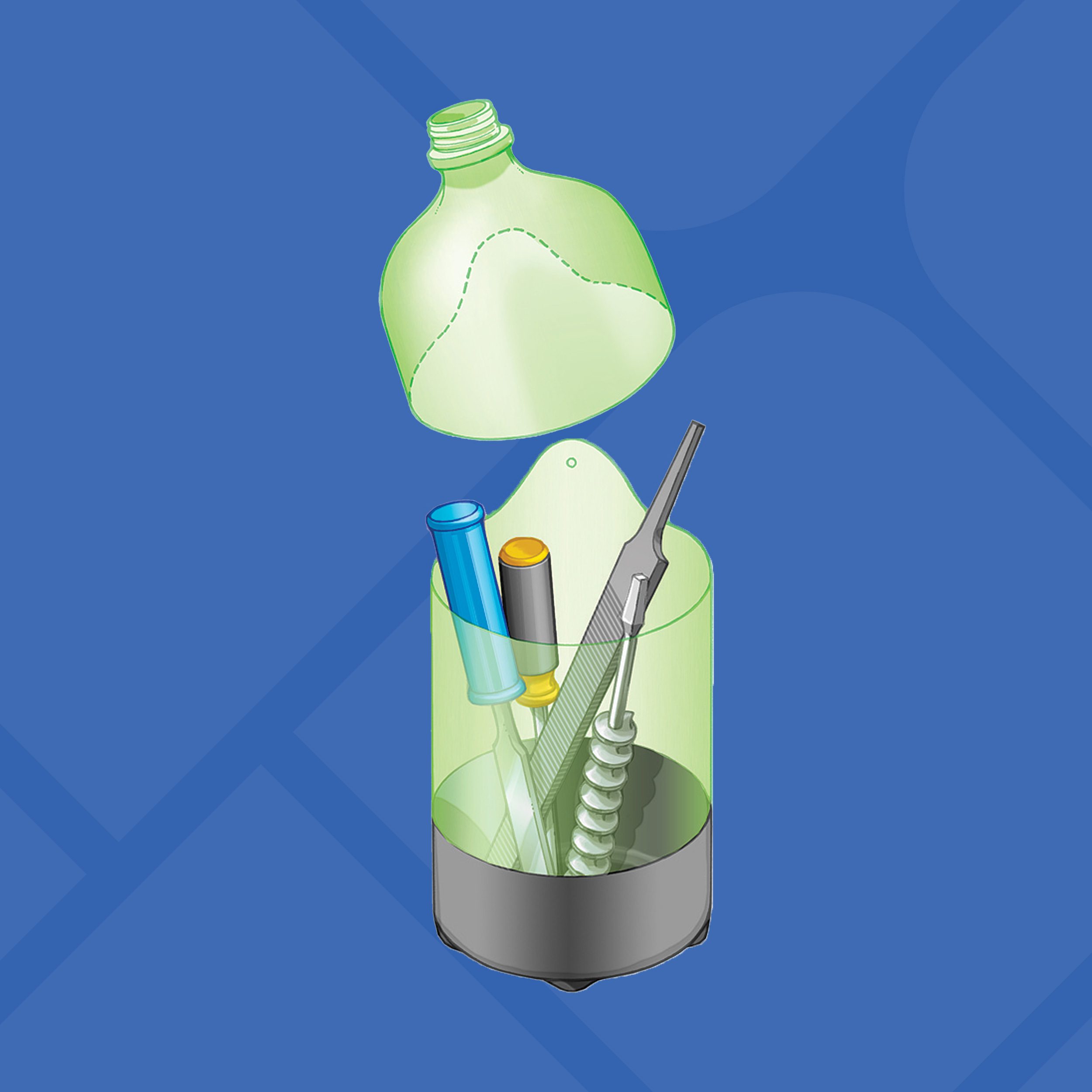 An illustration of a pencil holder made from an upcycled plastic bottle. The bottle is cut in half and holds pens, pencils, and a screwdriver. A blue background features subtle geometric patterns.